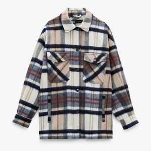 Zara Plaid Shacket L Wool Blend Overshirt Ecru/Navy Patch Pockets Button Down